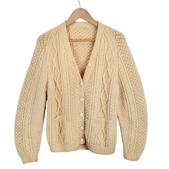 Sweaters - Handknit Women's Cable Knit Fisherman Cardigan Sweater Cream Size Medium